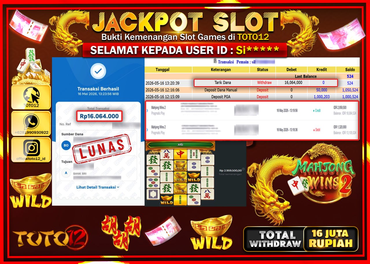 HANYA DI TOTO12 JP PASTI DI BAYAR LUNAS DAN CEPAT!!!!!! JACKPOT SLOT GAME (MAHJONG WINS 2) Rp16.064.000!!!!