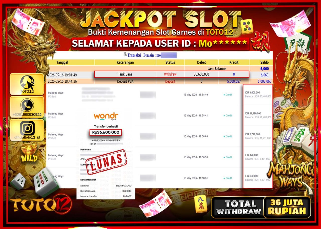 HANYA DI TOTO12 JP PASTI DI BAYAR LUNAS DAN CEPAT!!!!!! JACKPOT SLOT GAME (MAHJONG WAYS) Rp36.600.000!!!!