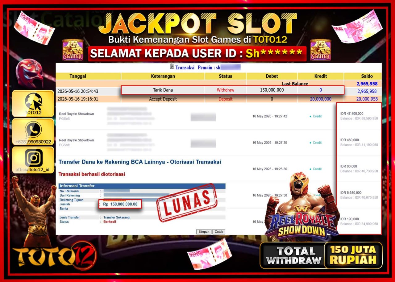 HANYA DI TOTO12 JP PASTI DI BAYAR LUNAS DAN CEPAT!!!!!! JACKPOT SLOT GAME (REEL ROYALE SHOWDOWN) Rp150.000.000!!!!