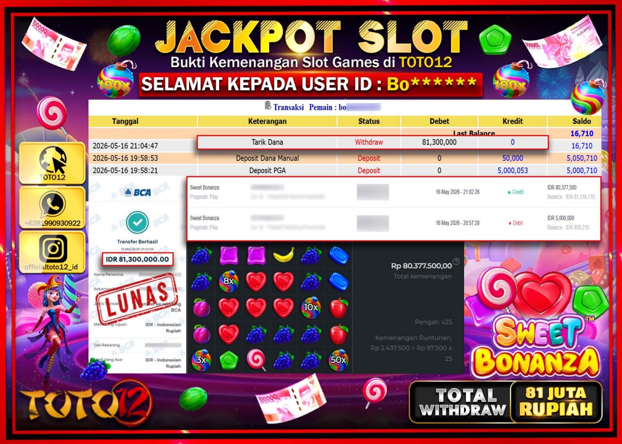 HANYA DI TOTO12 JP PASTI DI BAYAR LUNAS DAN CEPAT!!!!!! JACKPOT SLOT GAME (SWEET BONANZA) Rp81.300.000!!!!