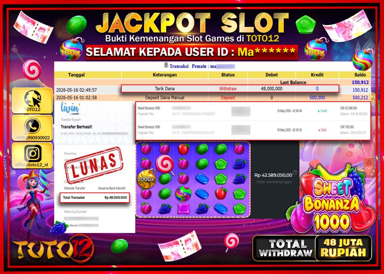 HANYA DI TOTO12 JP PASTI DI BAYAR LUNAS DAN CEPAT!!!!!! JACKPOT SLOT GAME (SWEET BONANZA 1000) Rp48.000.000!!!!