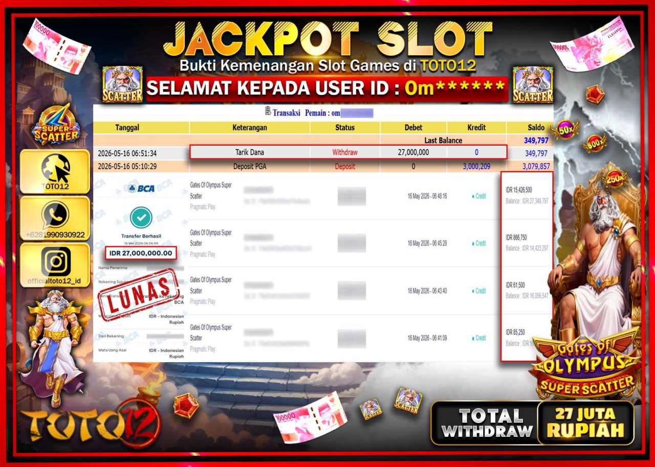 HANYA DI TOTO12 JP PASTI DI BAYAR LUNAS DAN CEPAT!!!!!! JACKPOT SLOT GAME (GATES OF OLYMPUS SUPER SCATTER) Rp27.000.000!!!!