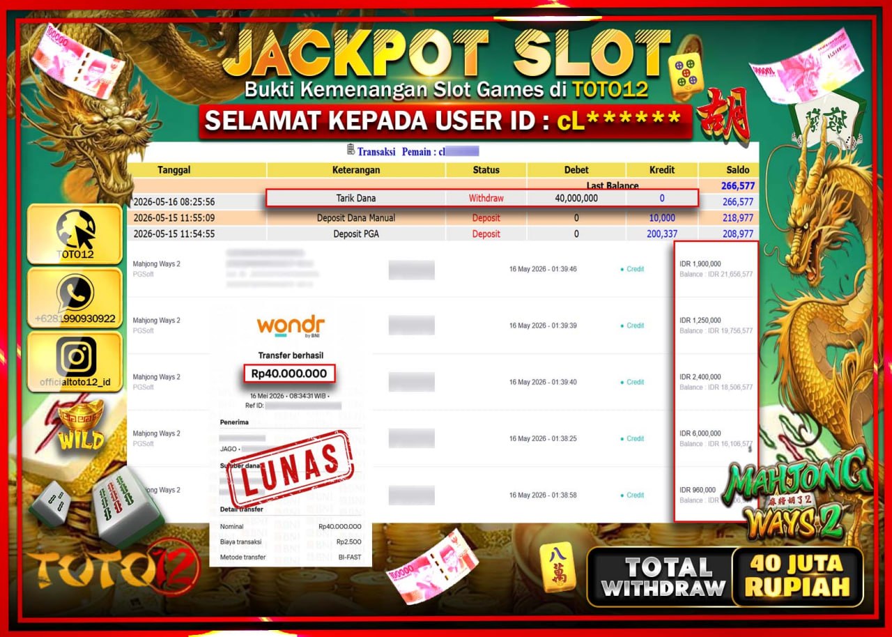 HANYA DI TOTO12 JP PASTI DI BAYAR LUNAS DAN CEPAT!!!!!! JACKPOT SLOT GAME (MAHJONG WAYS 2) Rp40.000.000!!!!