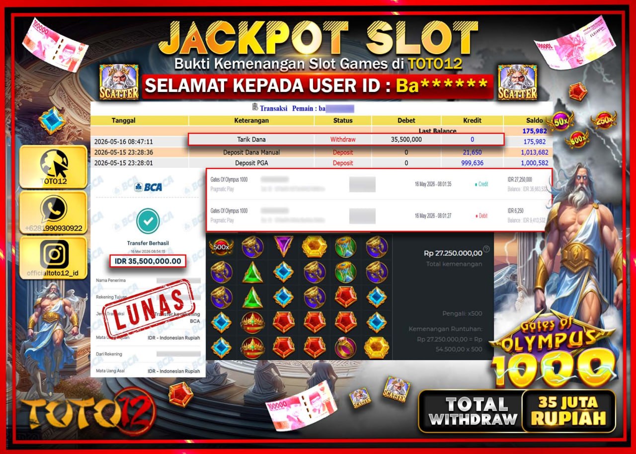 HANYA DI TOTO12 JP PASTI DI BAYAR LUNAS DAN CEPAT!!!!!! JACKPOT SLOT GAME (GATES OF OLYMPUS 1000) Rp35.500.000!!!!