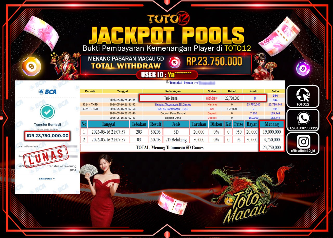 HANYA DI TOTO12 JP PASTI DI BAYAR LUNAS DAN CEPAT!!!!!! JACKPOT POOLS PASARAN (MACAU 5D) Rp23.750.000!!!!