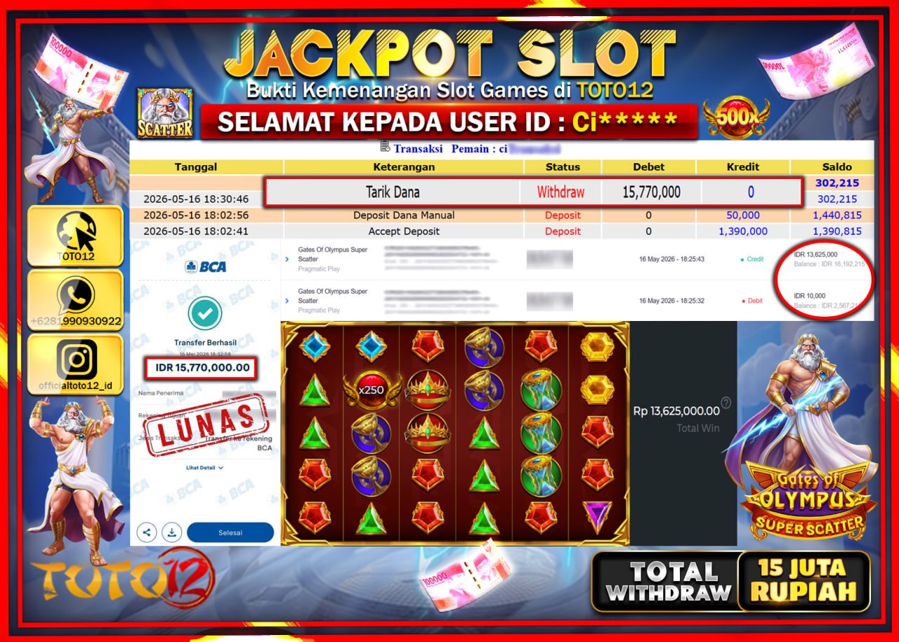 HANYA DI TOTO12 JP PASTI DI BAYAR LUNAS DAN CEPAT!!!!!! JACKPOT SLOT GAME (GATES OF OLYMPUS SUPER SCATTER) Rp15.770.000!!!!