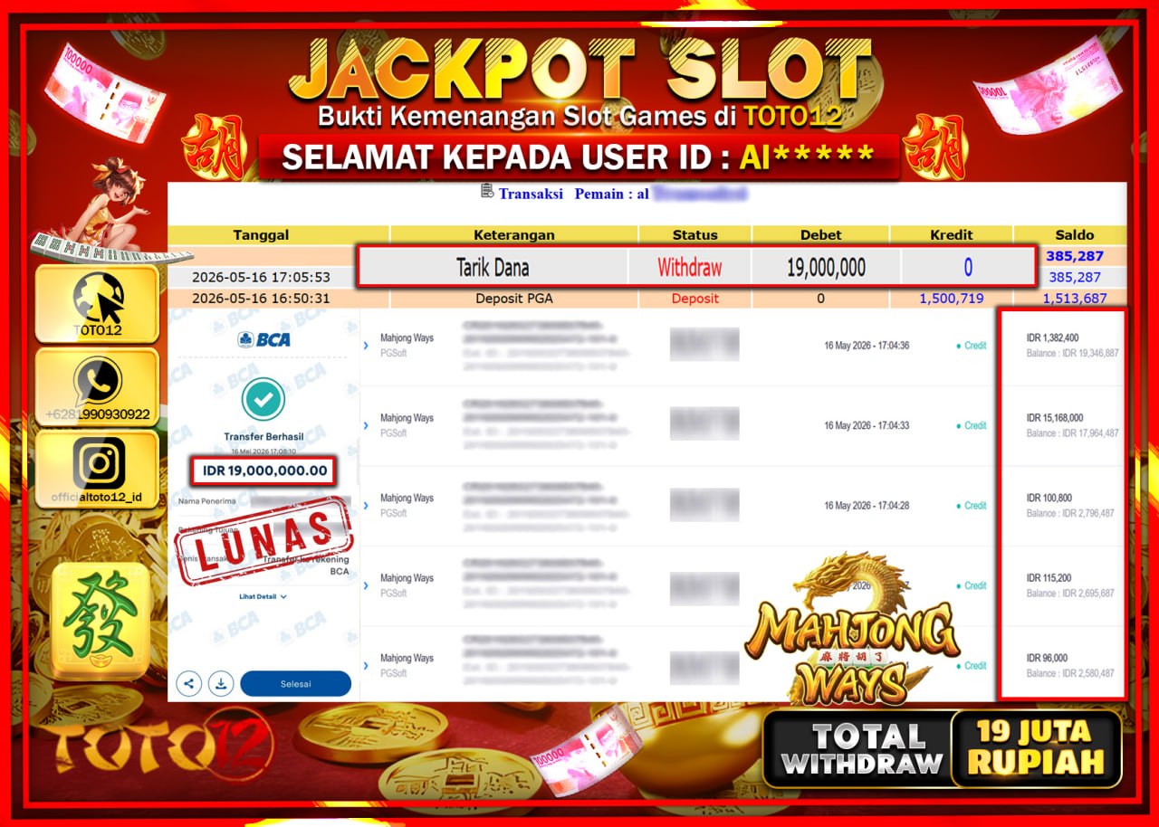 HANYA DI TOTO12 JP PASTI DI BAYAR LUNAS DAN CEPAT!!!!!! JACKPOT SLOT GAME (MAHJONG WAYS) Rp19.000.000!!!!