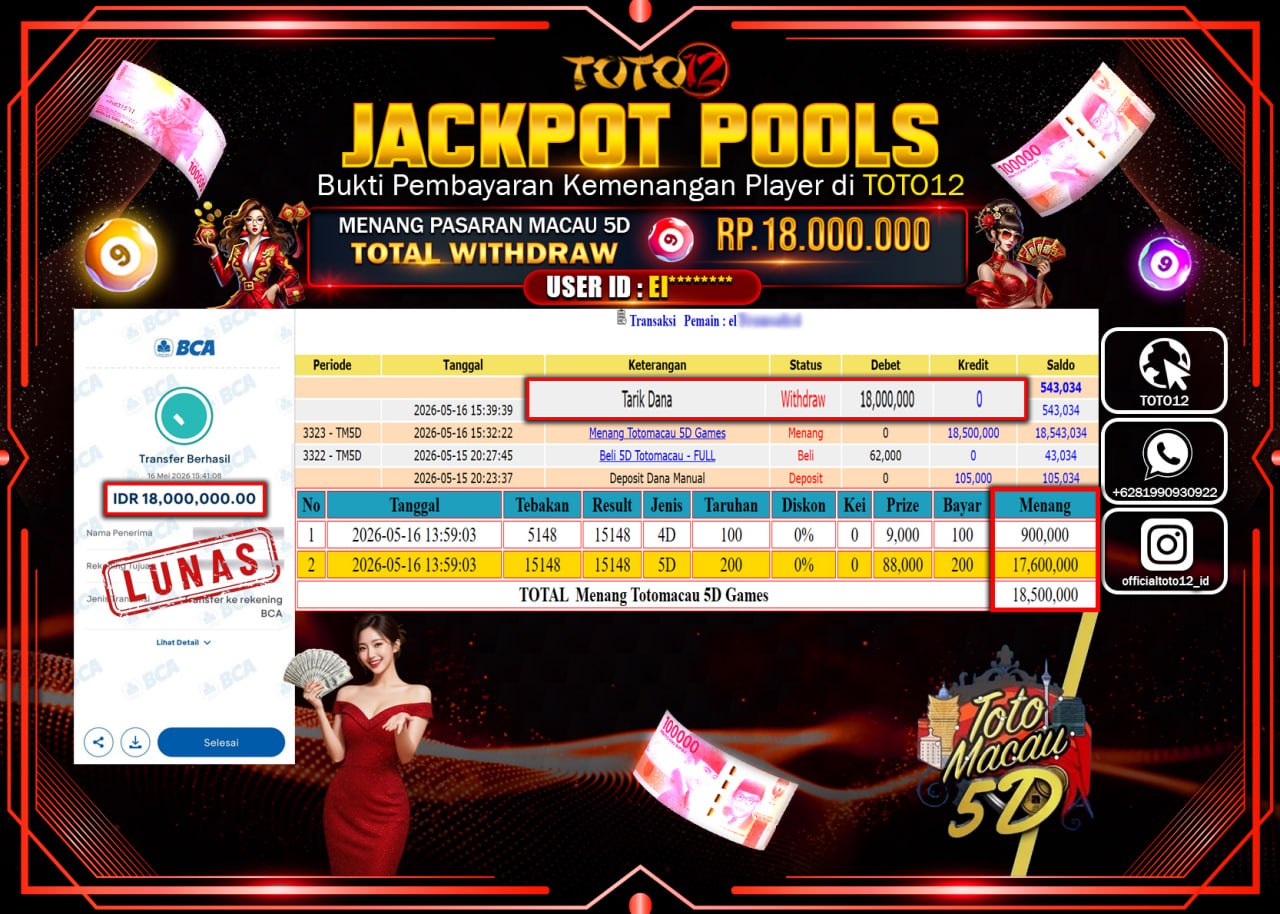 HANYA DI TOTO12 JP PASTI DI BAYAR LUNAS DAN CEPAT!!!!!! JACKPOT POOLS PASARAN (MACAU 5D) Rp18.000.000!!!!