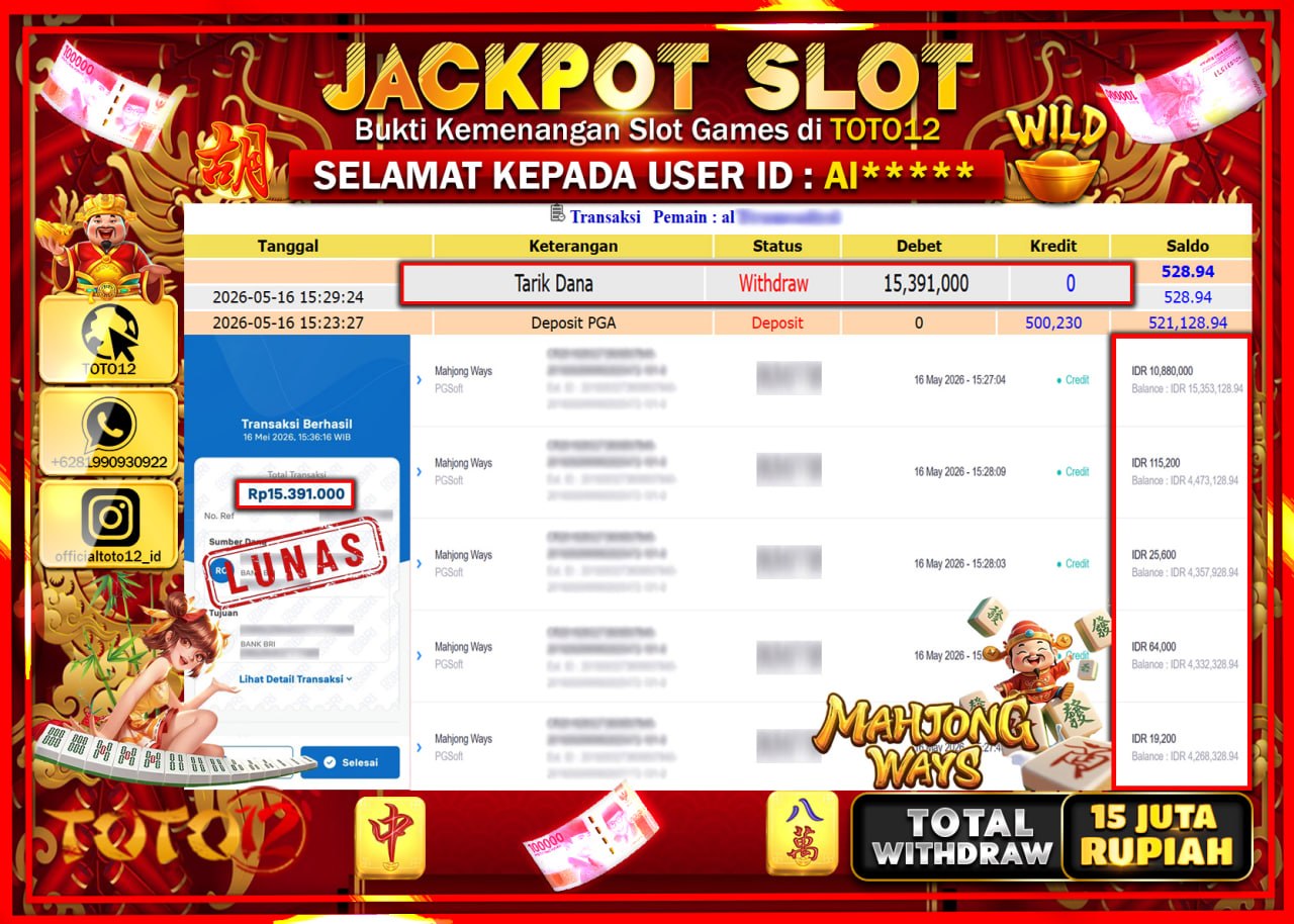 HANYA DI TOTO12 JP PASTI DI BAYAR LUNAS DAN CEPAT!!!!!! JACKPOT SLOT GAME (MAHJONG WAYS) Rp15.391.000!!!!
