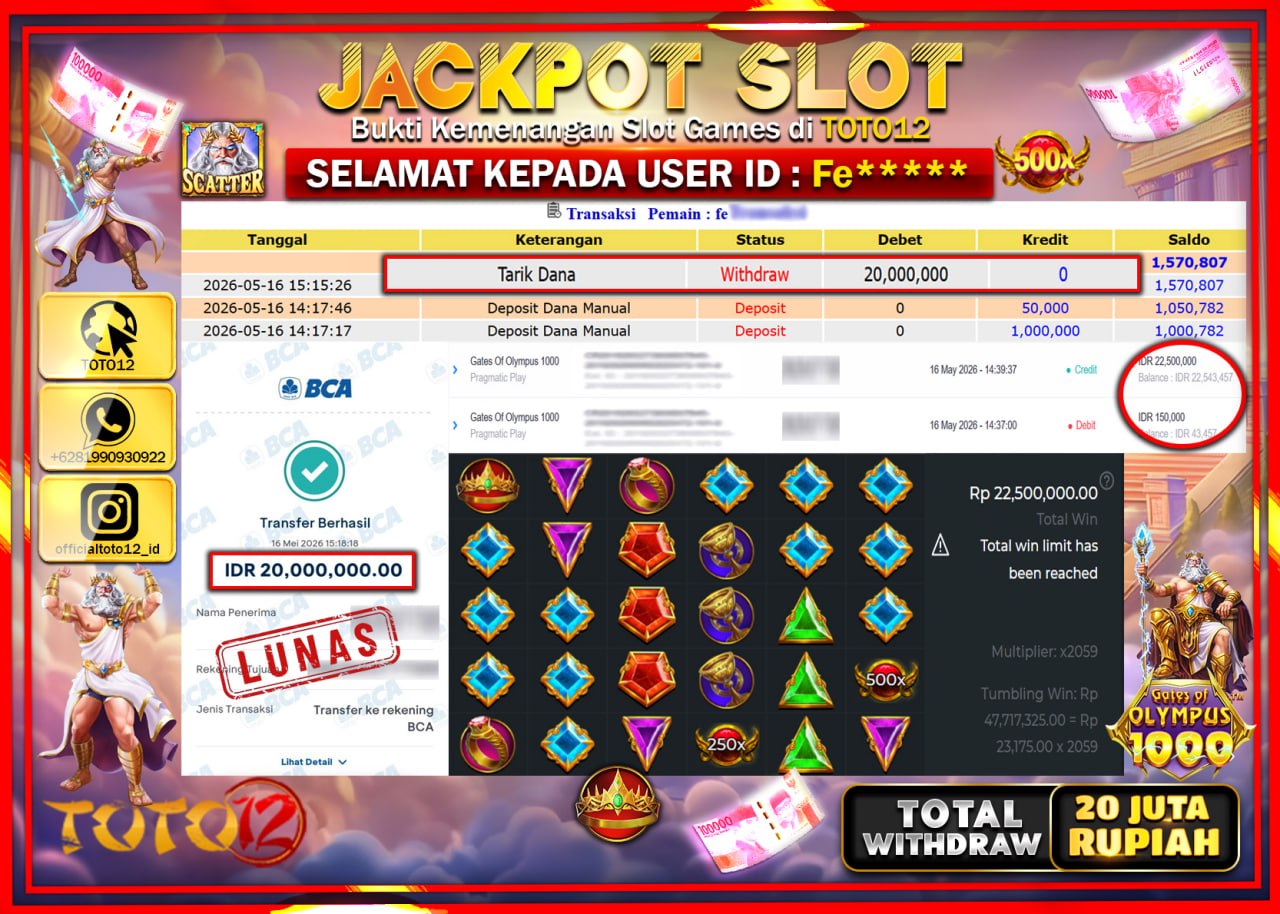 HANYA DI TOTO12 JP PASTI DI BAYAR LUNAS DAN CEPAT!!!!!! JACKPOT SLOT GAME (GATES OF OLYMPUS 1000) Rp20.000.000!!!!