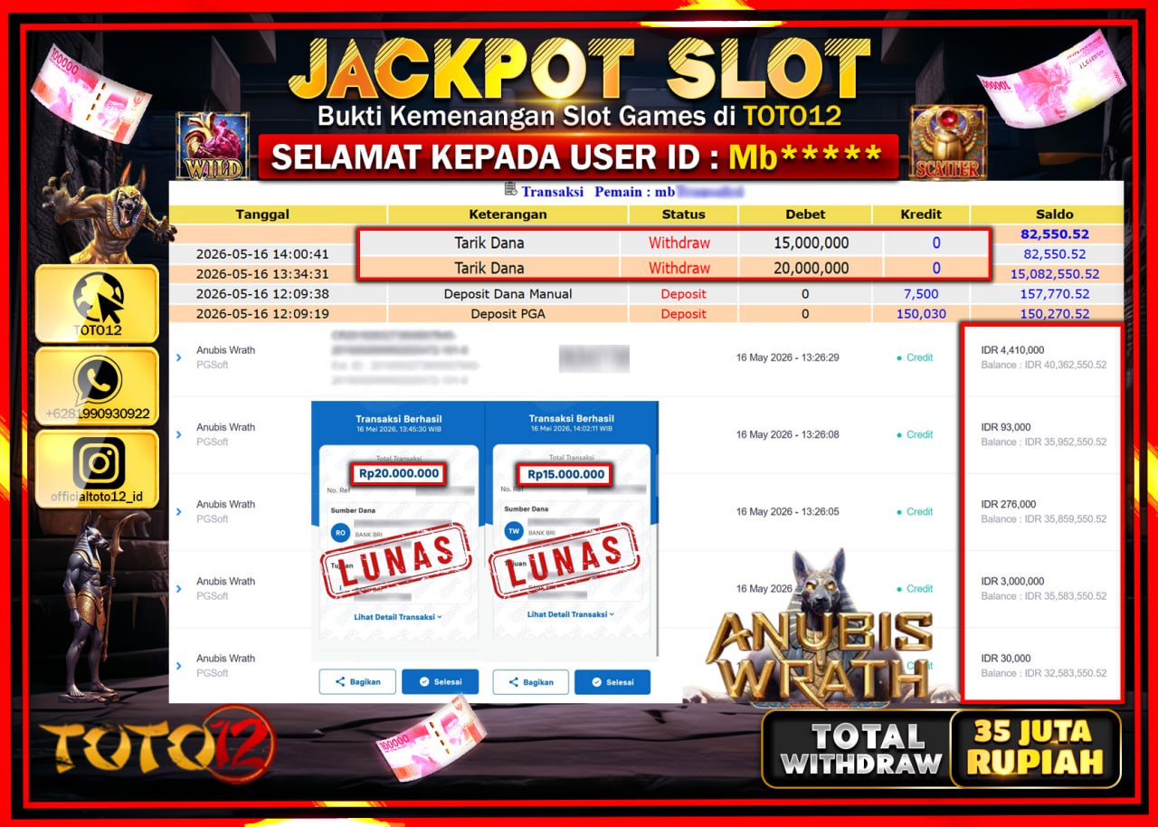 HANYA DI TOTO12 JP PASTI DI BAYAR LUNAS DAN CEPAT!!!!!! JACKPOT SLOT GAME (ANUBIS WARTH) Rp35.000.000!!!!