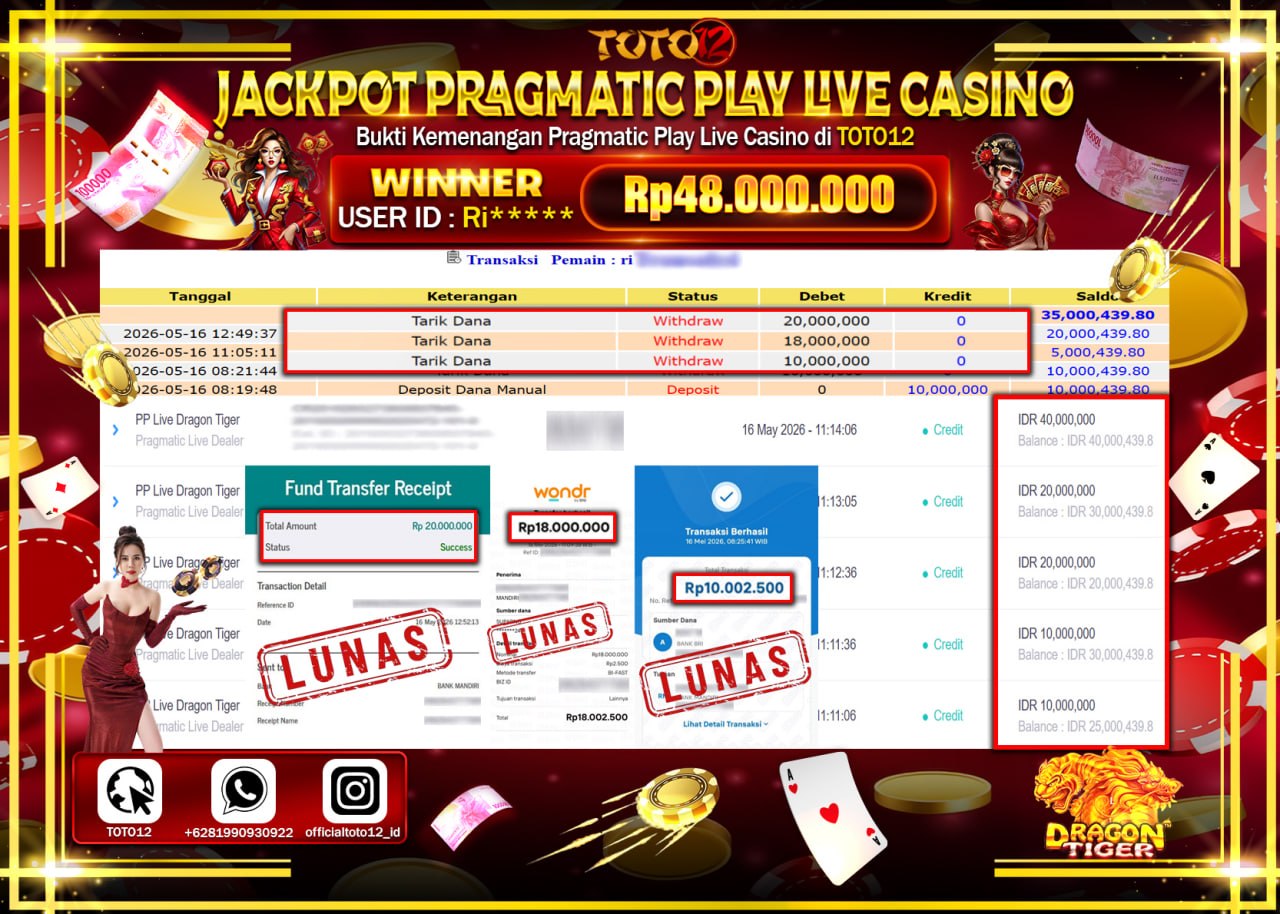 HANYA DI TOTO12 JP PASTI DI BAYAR LUNAS DAN CEPAT!!!!!! JACKPOT PRAGMATIC PLAY LIVE GAME CASINO (LIVE MANIA DRAGON TIGER) Rp48.000.000!!!!
