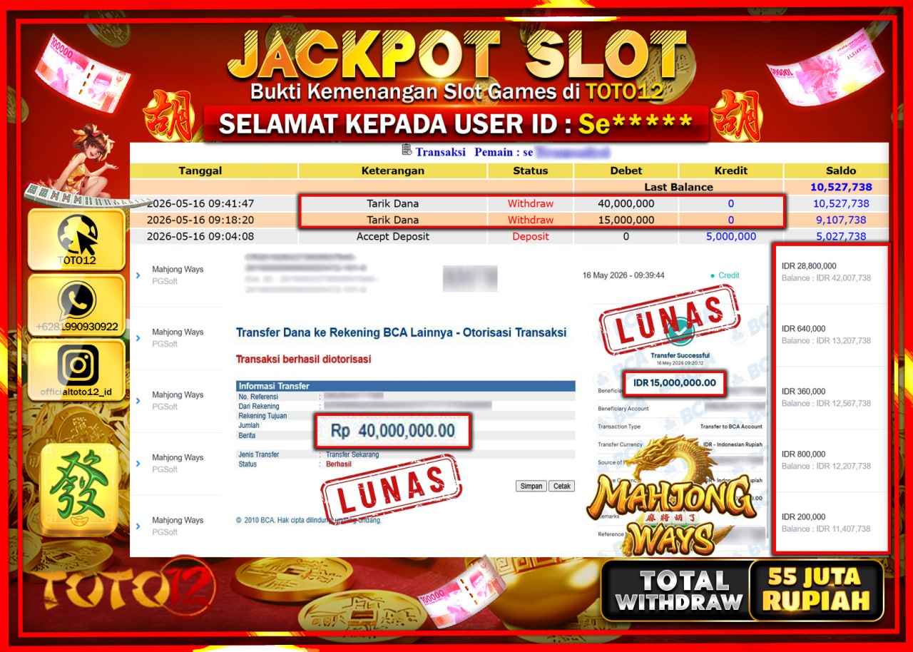 HANYA DI TOTO12 JP PASTI DI BAYAR LUNAS DAN CEPAT!!!!!! JACKPOT SLOT GAME (MAHJONG WAYS) Rp55.000.000!!!!