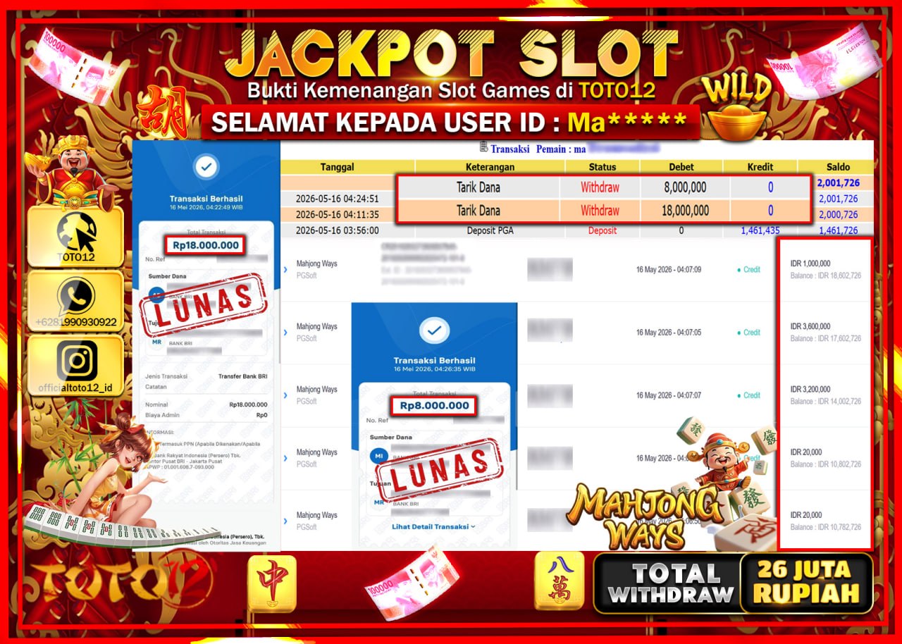 HANYA DI TOTO12 JP PASTI DI BAYAR LUNAS DAN CEPAT!!!!!! JACKPOT SLOT GAME (MAHJONG WAYS) Rp26.000.000!!!!