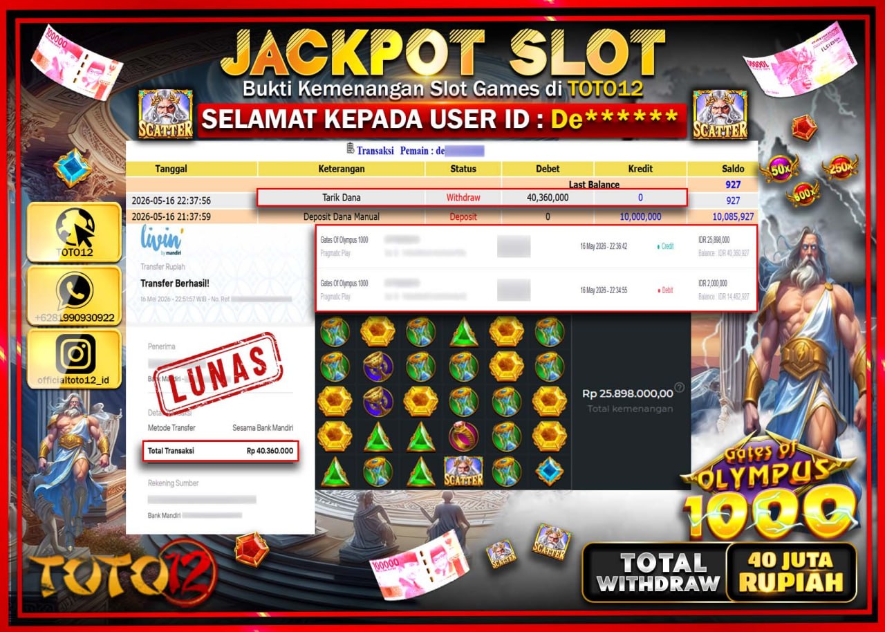 HANYA DI TOTO12 JP PASTI DI BAYAR LUNAS DAN CEPAT!!!!!! JACKPOT SLOT GAME (GATES OF OLYMPUS 1000) Rp40.360.000!!!!