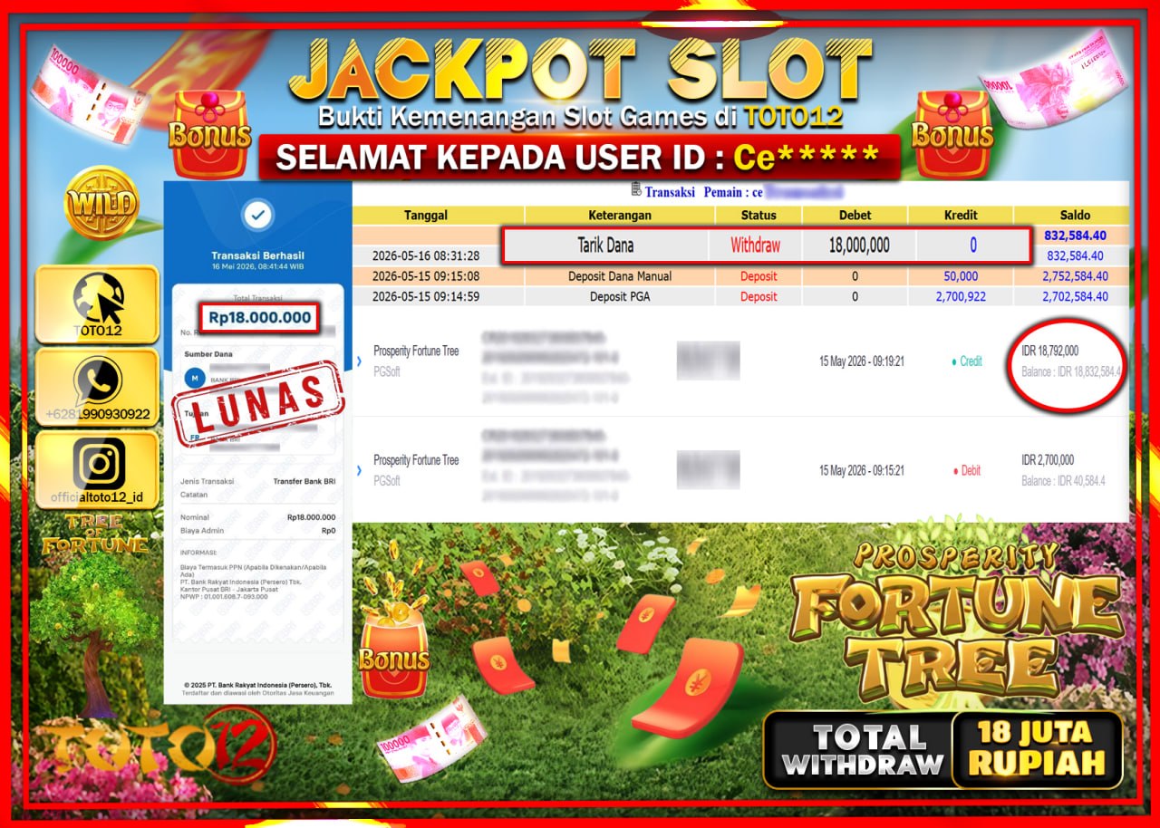 HANYA DI TOTO12 JP PASTI DI BAYAR LUNAS DAN CEPAT!!!!!! JACKPOT SLOT GAME (PROSPERITY FORTUNE TREE) Rp18.000.000!!!!