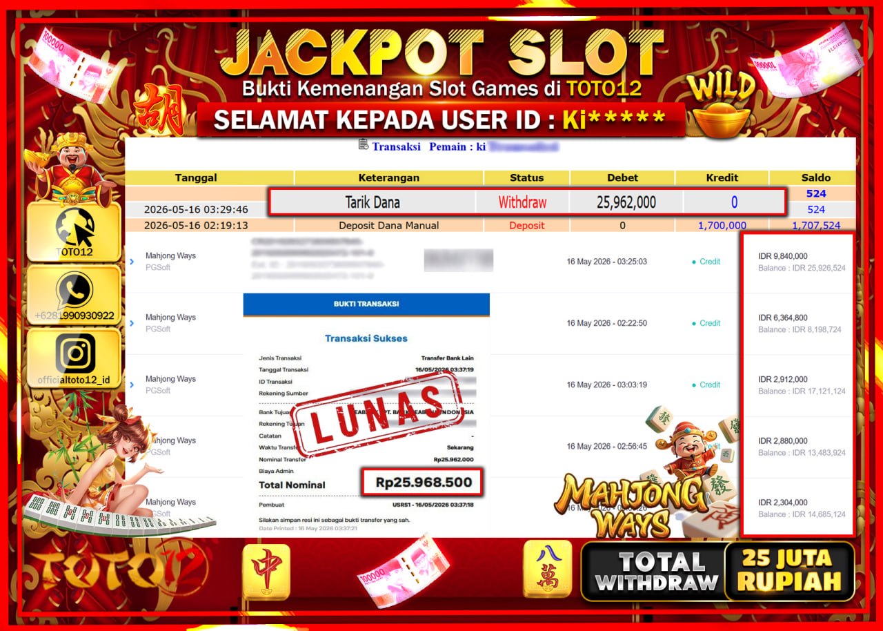 HANYA DI TOTO12 JP PASTI DI BAYAR LUNAS DAN CEPAT!!!!!! JACKPOT SLOT GAME (MAHJONG WAYS) Rp25.962.000!!!!