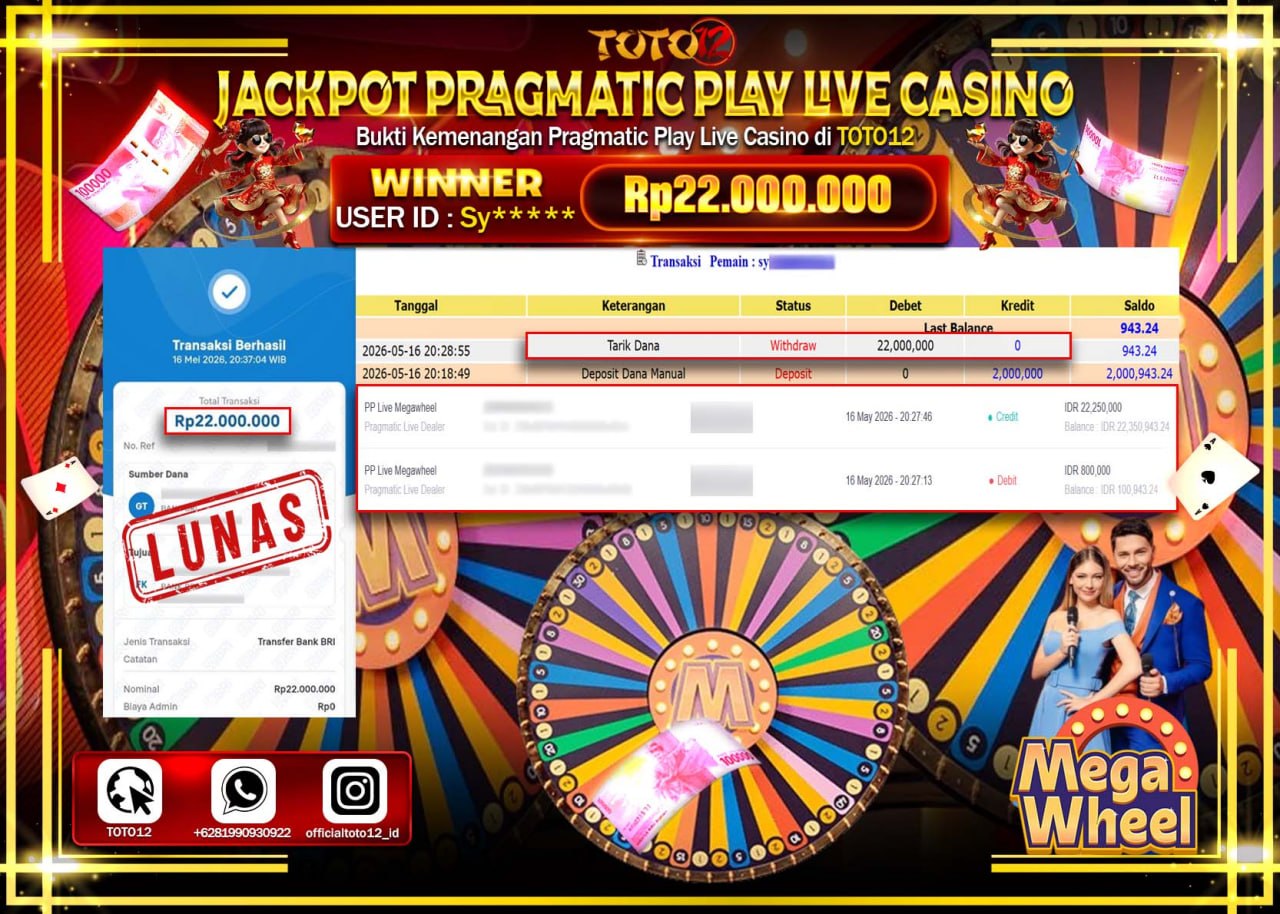 HANYA DI TOTO12 JP PASTI DI BAYAR LUNAS DAN CEPAT!!!!!! JACKPOT PRAGMATIC PLAY LIVE GAME CASINO (PP LIVE MEGAWHEEL) Rp22.000.000!!!!