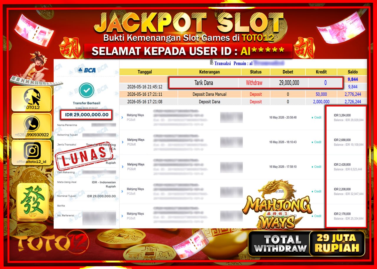 HANYA DI TOTO12 JP PASTI DI BAYAR LUNAS DAN CEPAT!!!!!! JACKPOT SLOT GAME (MAHJONG WAYS) Rp29.000.000!!!!