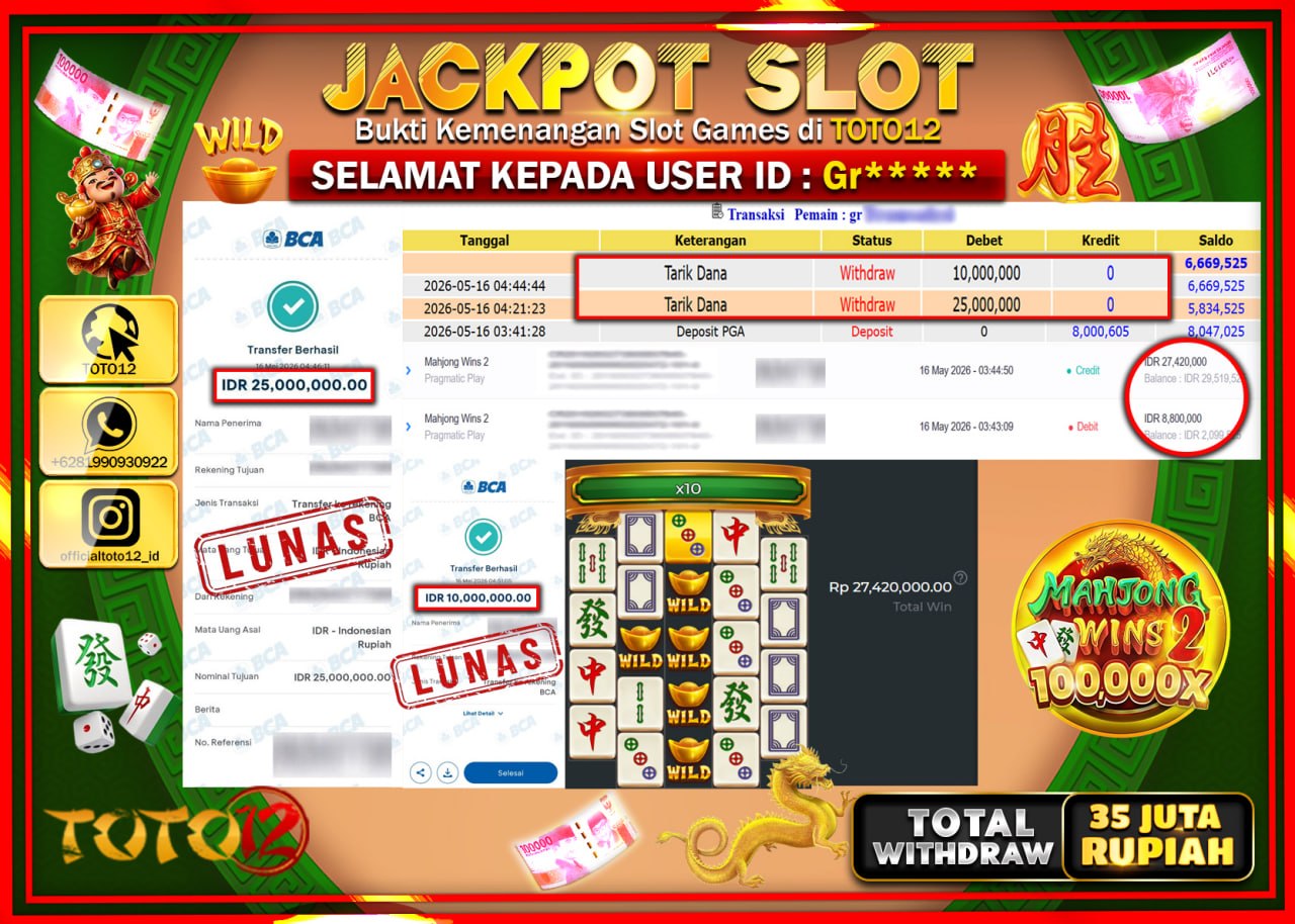 HANYA DI TOTO12 JP PASTI DI BAYAR LUNAS DAN CEPAT!!!!!! JACKPOT SLOT GAME (MAHJONG WINS 2) Rp35.000.000!!!!