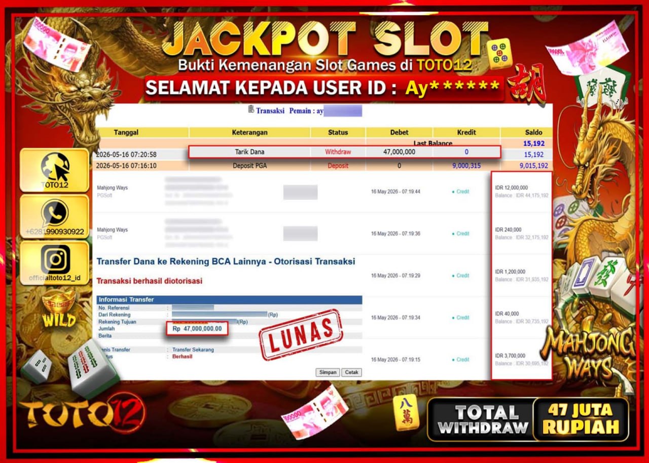 HANYA DI TOTO12 JP PASTI DI BAYAR LUNAS DAN CEPAT!!!!!! JACKPOT SLOT GAME (MAHJONG WAYS) Rp47.000.000!!!!