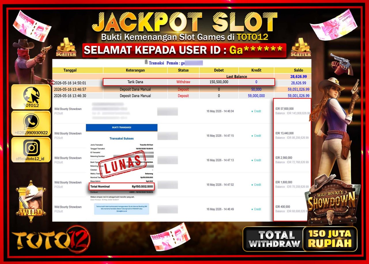 HANYA DI TOTO12 JP PASTI DI BAYAR LUNAS DAN CEPAT!!!!!! JACKPOT SLOT GAME (WILD BOUNTY SHOWDOWN) Rp150.500.000!!!!