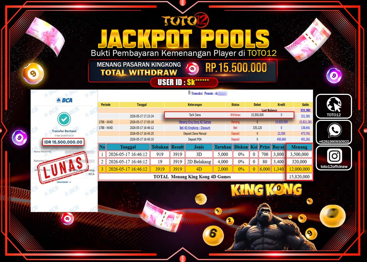 HANYA DI TOTO12 JP PASTI DI BAYAR LUNAS DAN CEPAT!!!!!! JACKPOT POOLS PASARAN (KINGKONG) Rp15.500.000!!!!