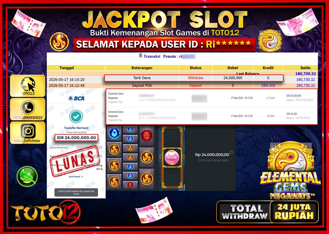 HANYA DI TOTO12 JP PASTI DI BAYAR LUNAS DAN CEPAT!!!!!! JACKPOT SLOT GAME (ELEMTAL GEMS MEGAWAYS) Rp24.000.000!!!!