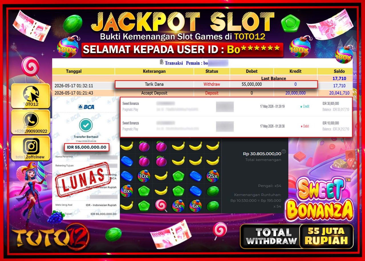 HANYA DI TOTO12 JP PASTI DI BAYAR LUNAS DAN CEPAT!!!!!! JACKPOT SLOT GAME (SWEET BONANZA) Rp55.000.000!!!!
