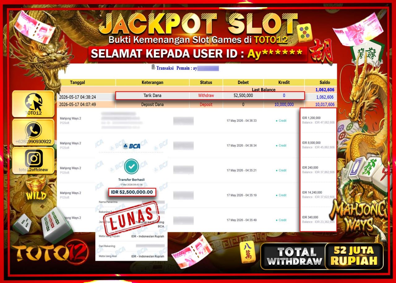 HANYA DI TOTO12 JP PASTI DI BAYAR LUNAS DAN CEPAT!!!!!! JACKPOT SLOT GAME (MAHJONG WAYS) Rp52.500.000!!!!