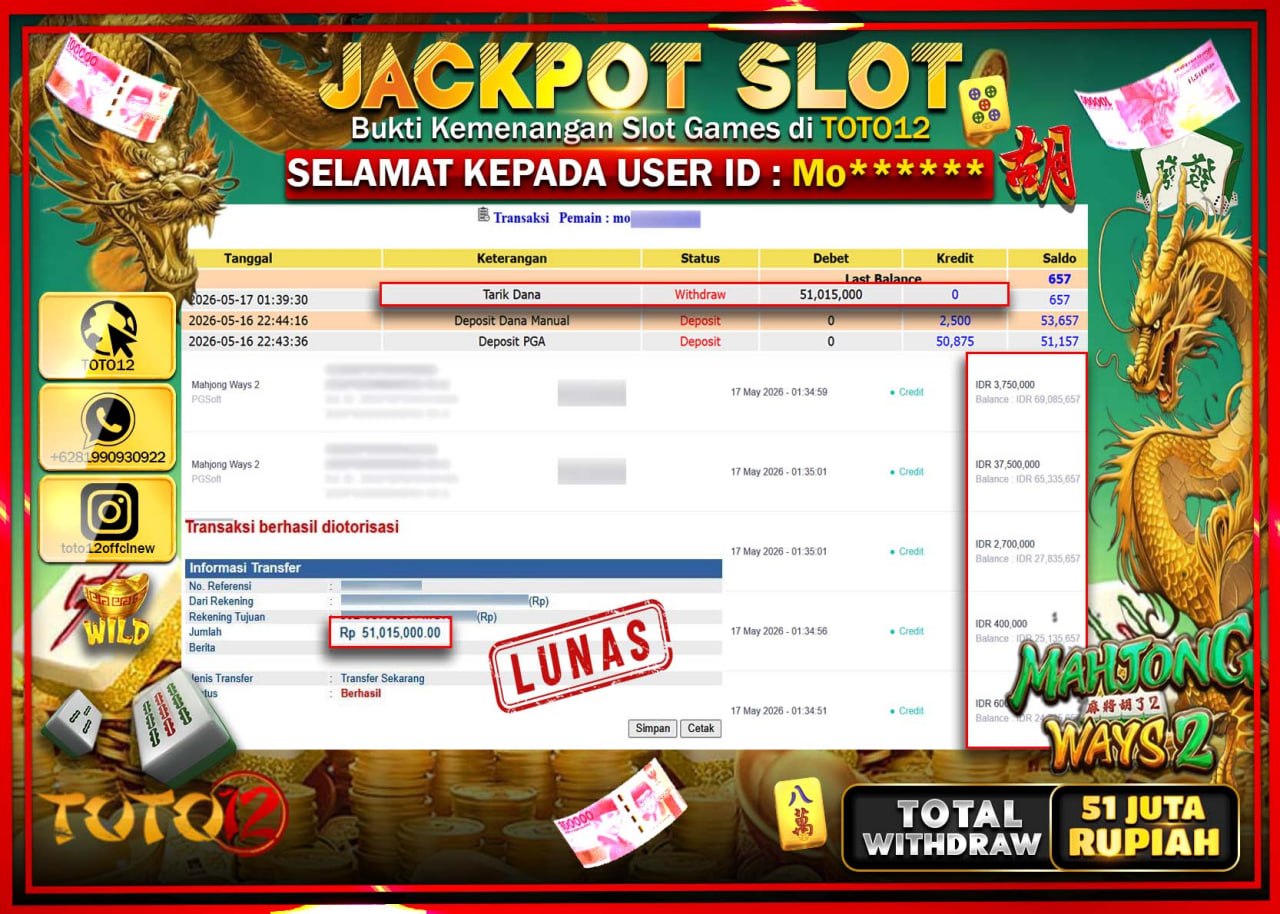 HANYA DI TOTO12 JP PASTI DI BAYAR LUNAS DAN CEPAT!!!!!! JACKPOT SLOT GAME (MAHJONG WAYS) Rp51.015.000!!!!