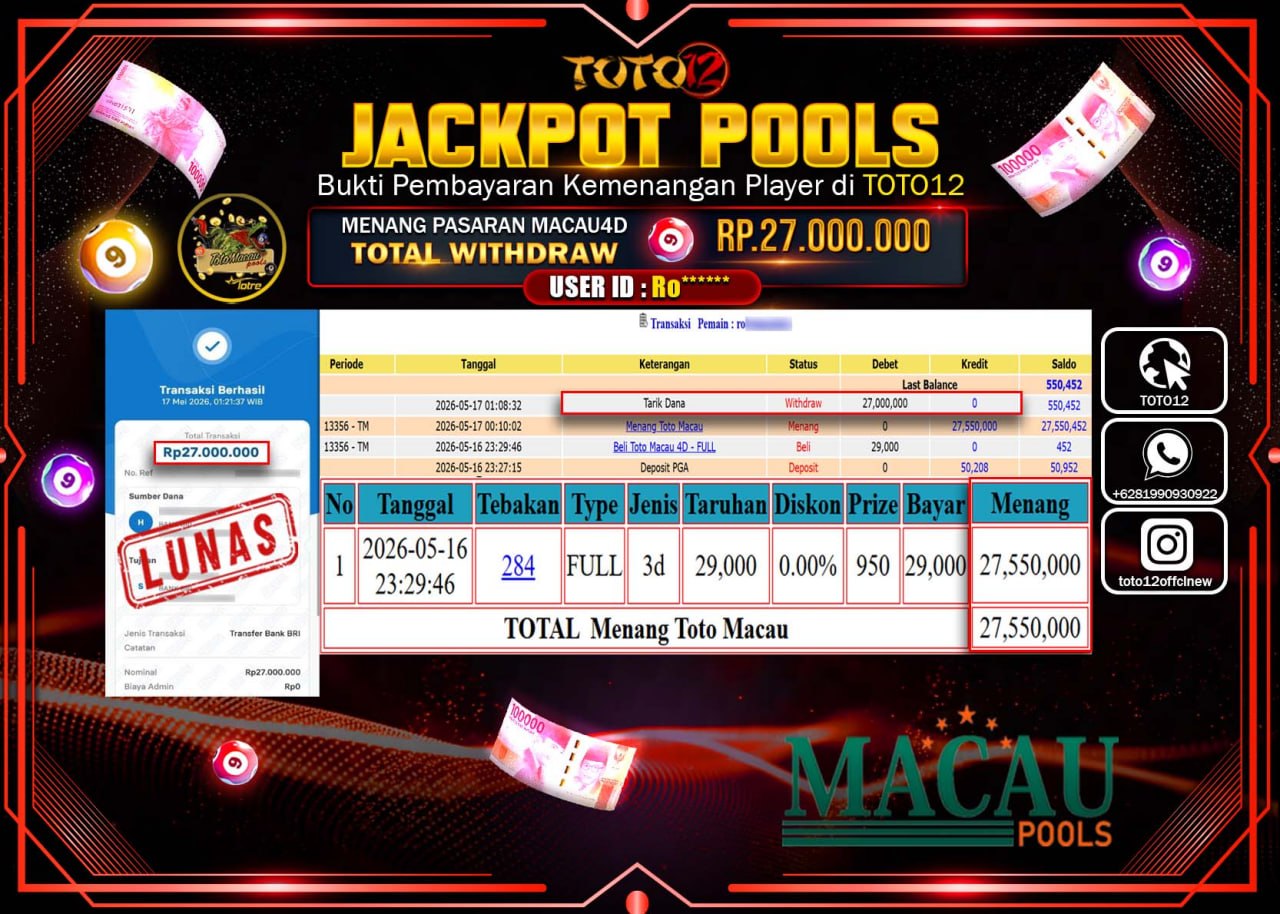 HANYA DI TOTO12 JP PASTI DI BAYAR LUNAS DAN CEPAT!!!!!! JACKPOT POOLS PASARAN (MACAU 4D) Rp27.000.000!!!!