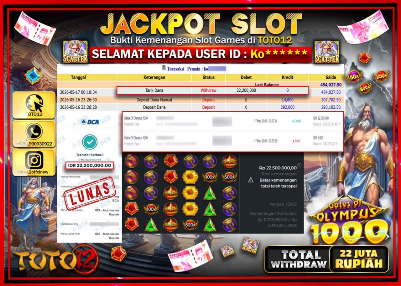 HANYA DI TOTO12 JP PASTI DI BAYAR LUNAS DAN CEPAT!!!!!! JACKPOT SLOT GAME (GATES OF OLYMPUS 1000) Rp22.200.000!!!!