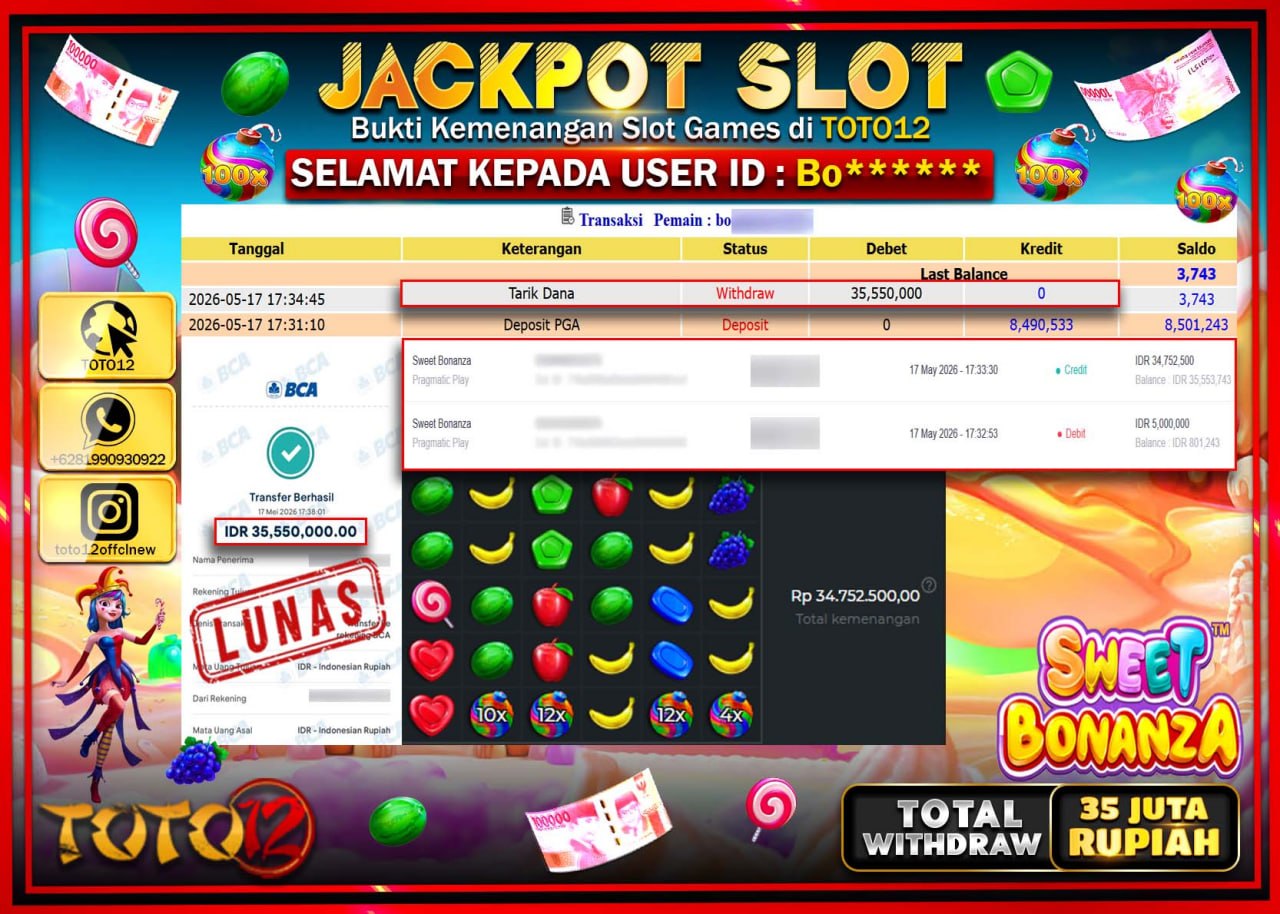HANYA DI TOTO12 JP PASTI DI BAYAR LUNAS DAN CEPAT!!!!!! JACKPOT SLOT GAME (SWEET BONANZA) Rp35.550.000!!!!
