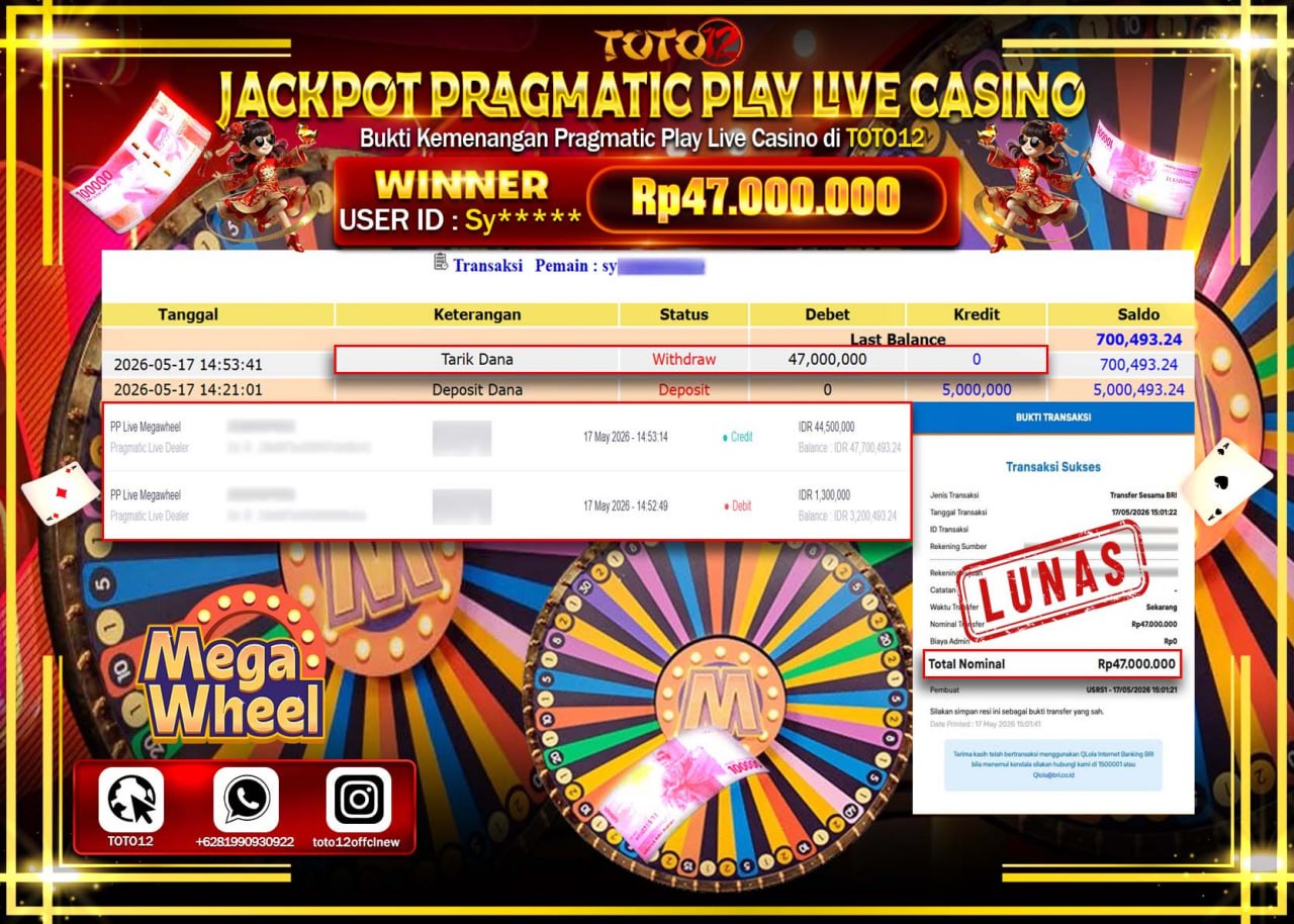 HANYA DI TOTO12 JP PASTI DI BAYAR LUNAS DAN CEPAT!!!!!! JACKPOT PRAGMATIC PLAY LIVE GAME CASINO (PP LIVE MEGAWHEEL) Rp47.000.000!!!!