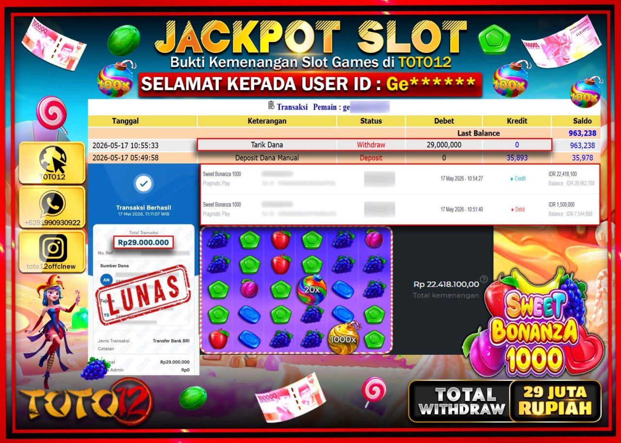 HANYA DI TOTO12 JP PASTI DI BAYAR LUNAS DAN CEPAT!!!!!! JACKPOT SLOT GAME (SWEET BONANZA 1000) Rp29.000.000!!!!