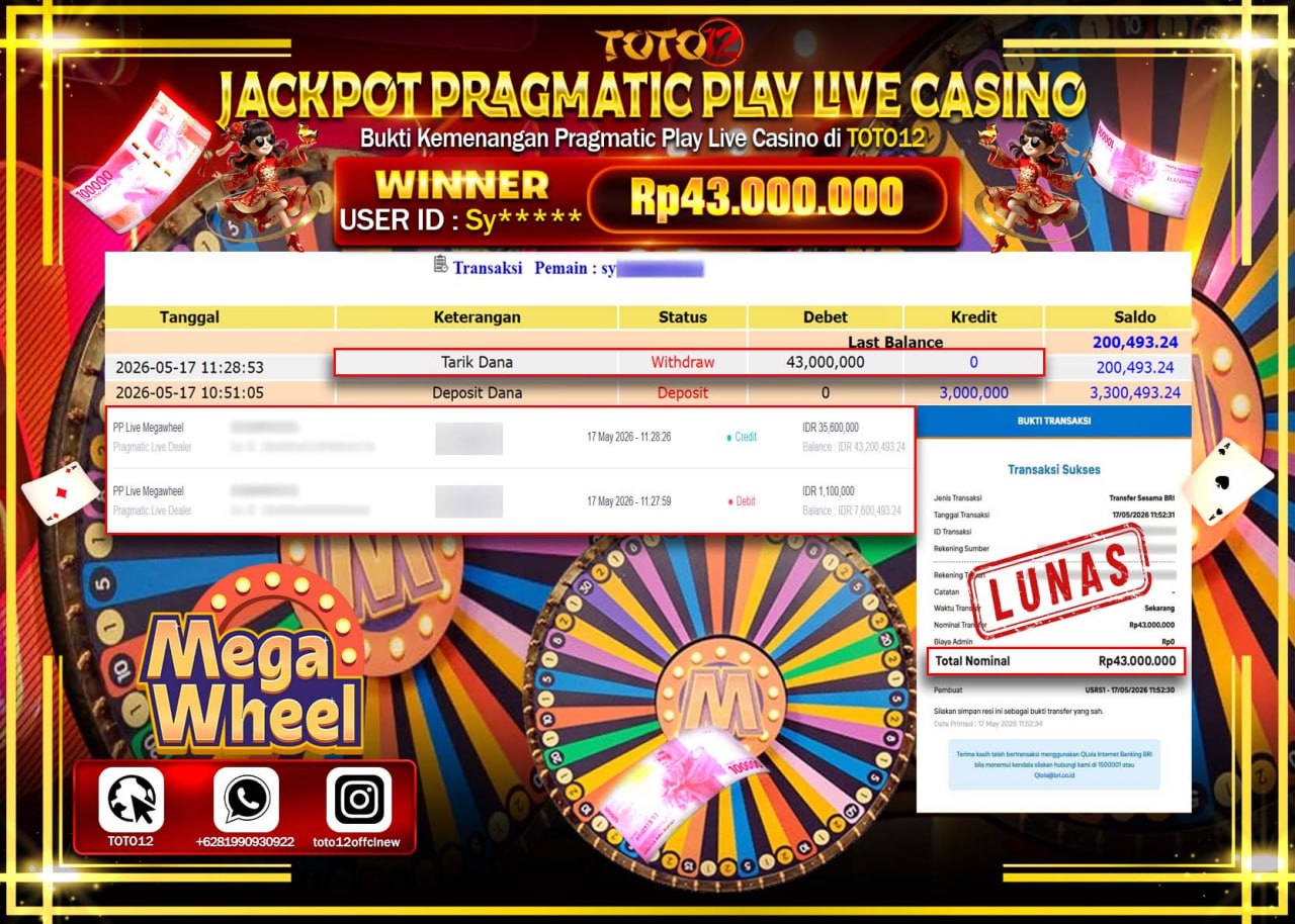 HANYA DI TOTO12 JP PASTI DI BAYAR LUNAS DAN CEPAT!!!!!! JACKPOT PRAGMATIC PLAY LIVE GAME CASINO (PP LIVE MEGAWHEEL) Rp43.000.000!!!!