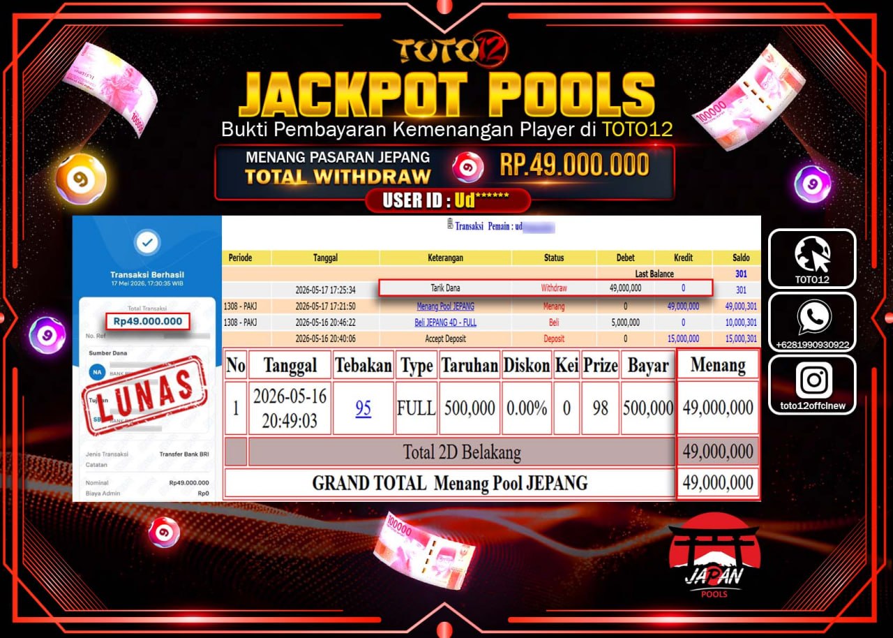 HANYA DI TOTO12 JP PASTI DI BAYAR LUNAS DAN CEPAT!!!!!! JACKPOT POOLS PASARAN (JEPANG) Rp49.000.000!!!!