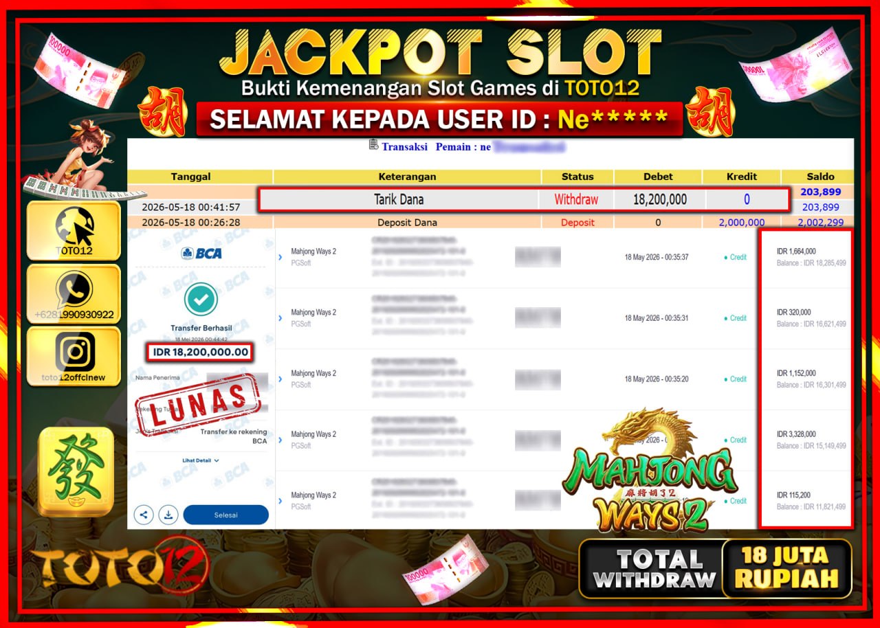 HANYA DI TOTO12 JP PASTI DI BAYAR LUNAS DAN CEPAT!!!!!! JACKPOT SLOT GAME (MAHJONG WAYS 2) Rp18.200.000!!!!