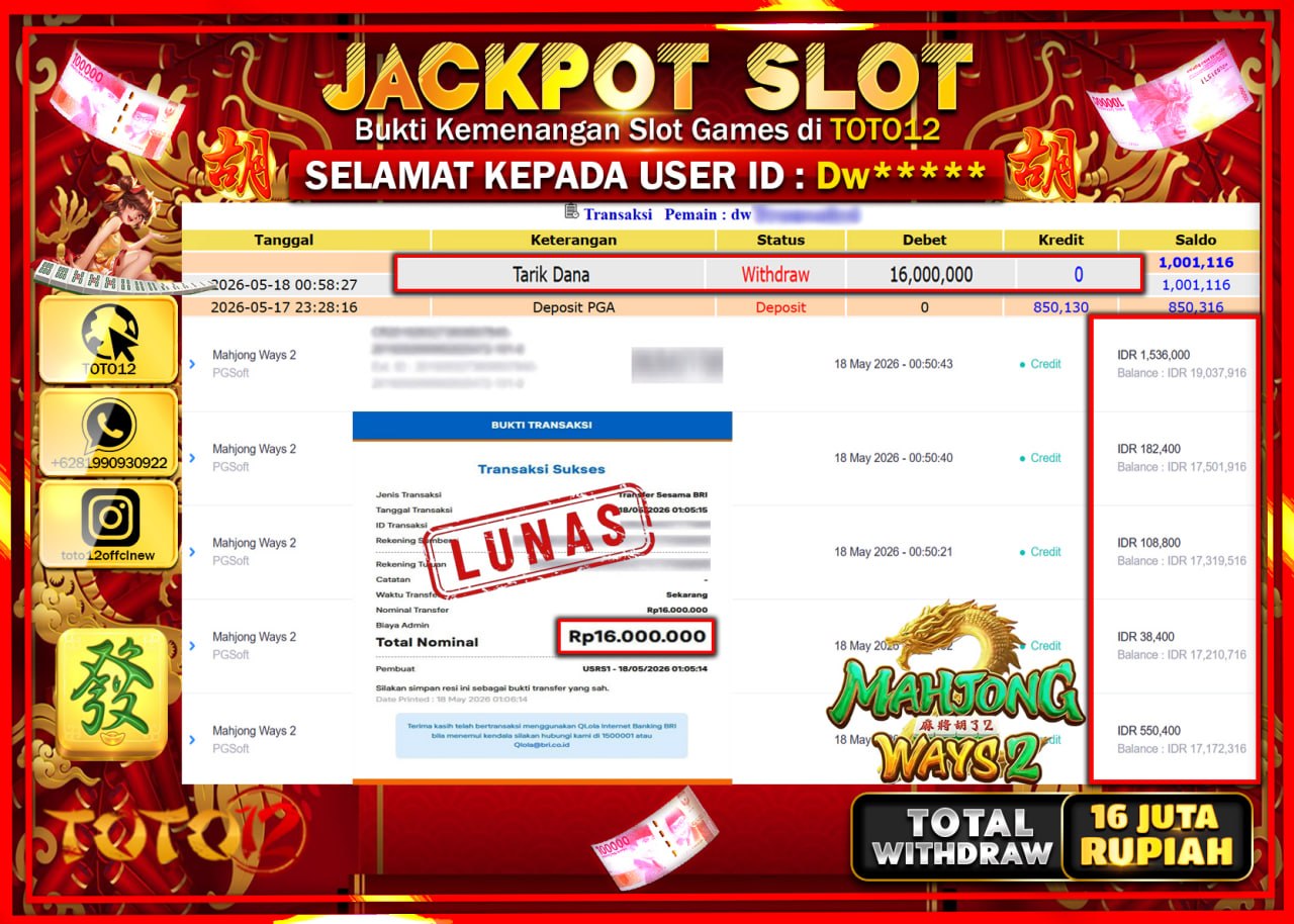 HANYA DI TOTO12 JP PASTI DI BAYAR LUNAS DAN CEPAT!!!!!! JACKPOT SLOT GAME (MAHJONG WAYS 2) Rp16.000.000!!!!