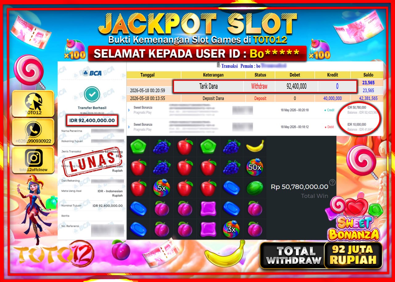 HANYA DI TOTO12 JP PASTI DI BAYAR LUNAS DAN CEPAT!!!!!! JACKPOT SLOT GAME (SWEET BONANZA) Rp92.400.000!!!!