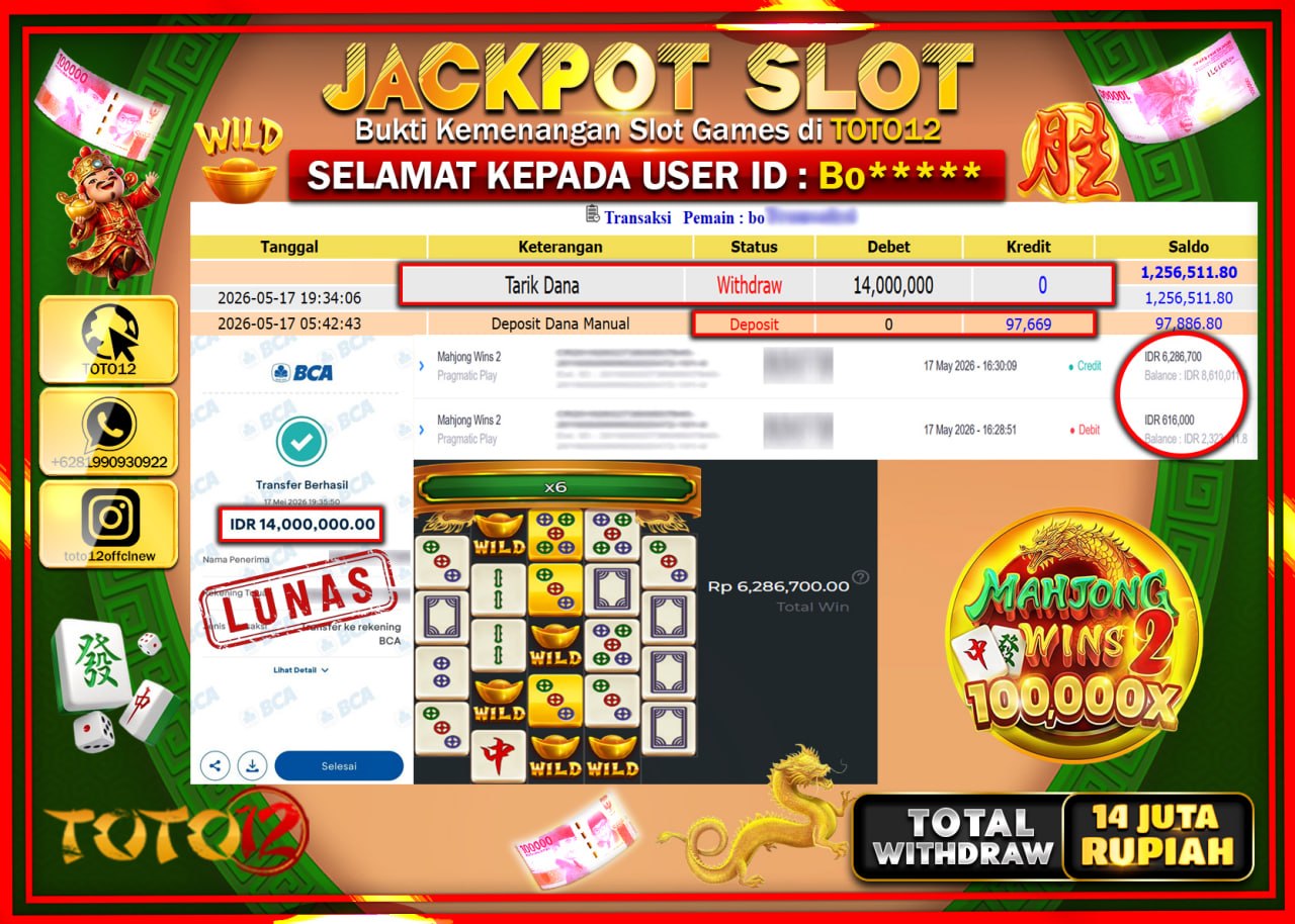 HANYA DI TOTO12 JP PASTI DI BAYAR LUNAS DAN CEPAT!!!!!! JACKPOT SLOT GAME (MAHJONG WINS 2) Rp14.000.000!!!!
