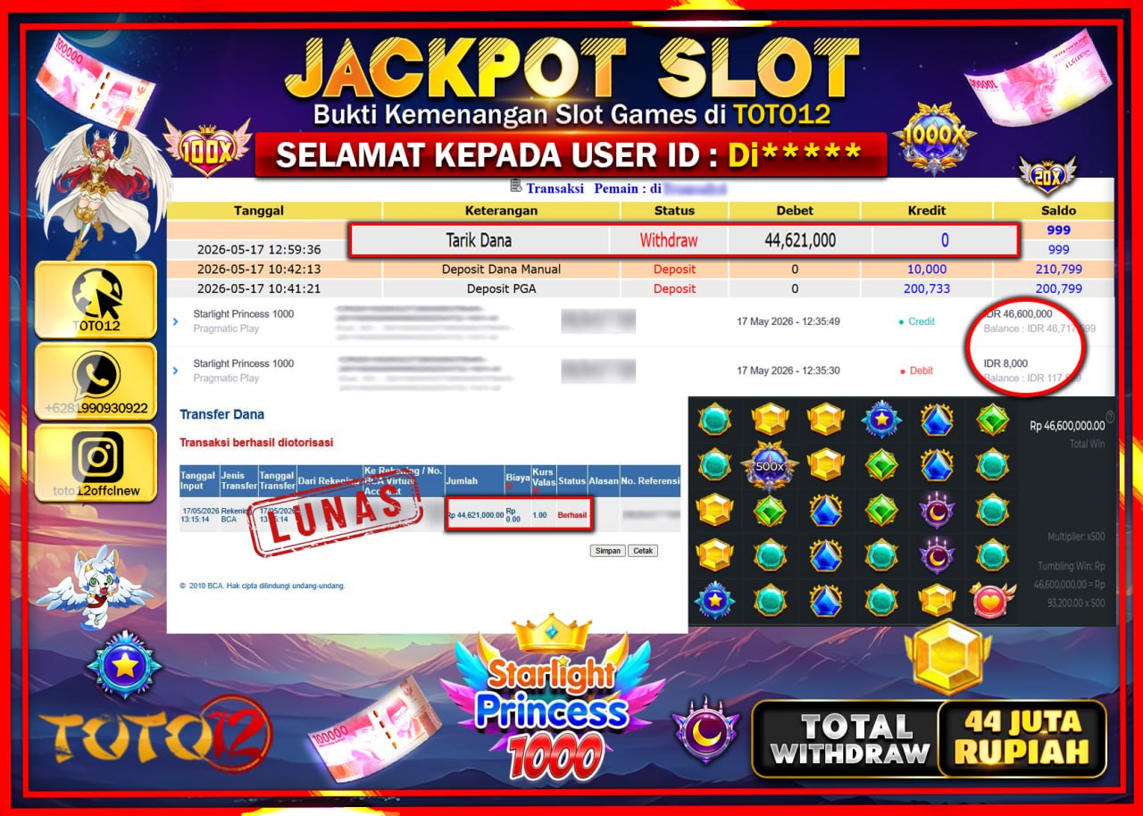HANYA DI TOTO12 JP PASTI DI BAYAR LUNAS DAN CEPAT!!!!!! JACKPOT SLOT GAME (STARLIGHT PRINCESS 1000) Rp44.621.000!!!!