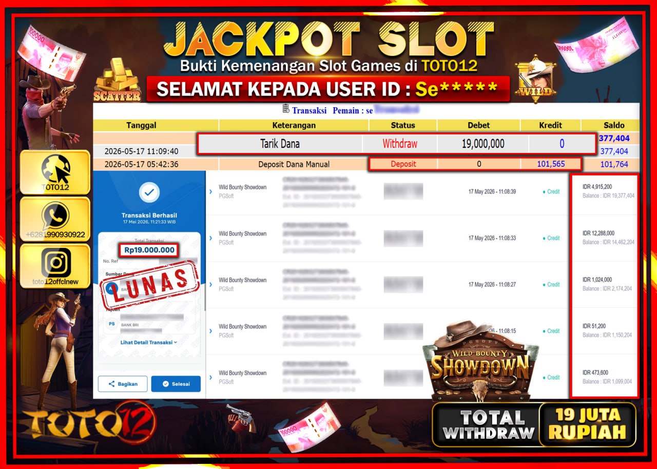 HANYA DI TOTO12 JP PASTI DI BAYAR LUNAS DAN CEPAT!!!!!! JACKPOT SLOT GAME (WILD BOUNTY SHOWDOWN) Rp19.000.000!!!!