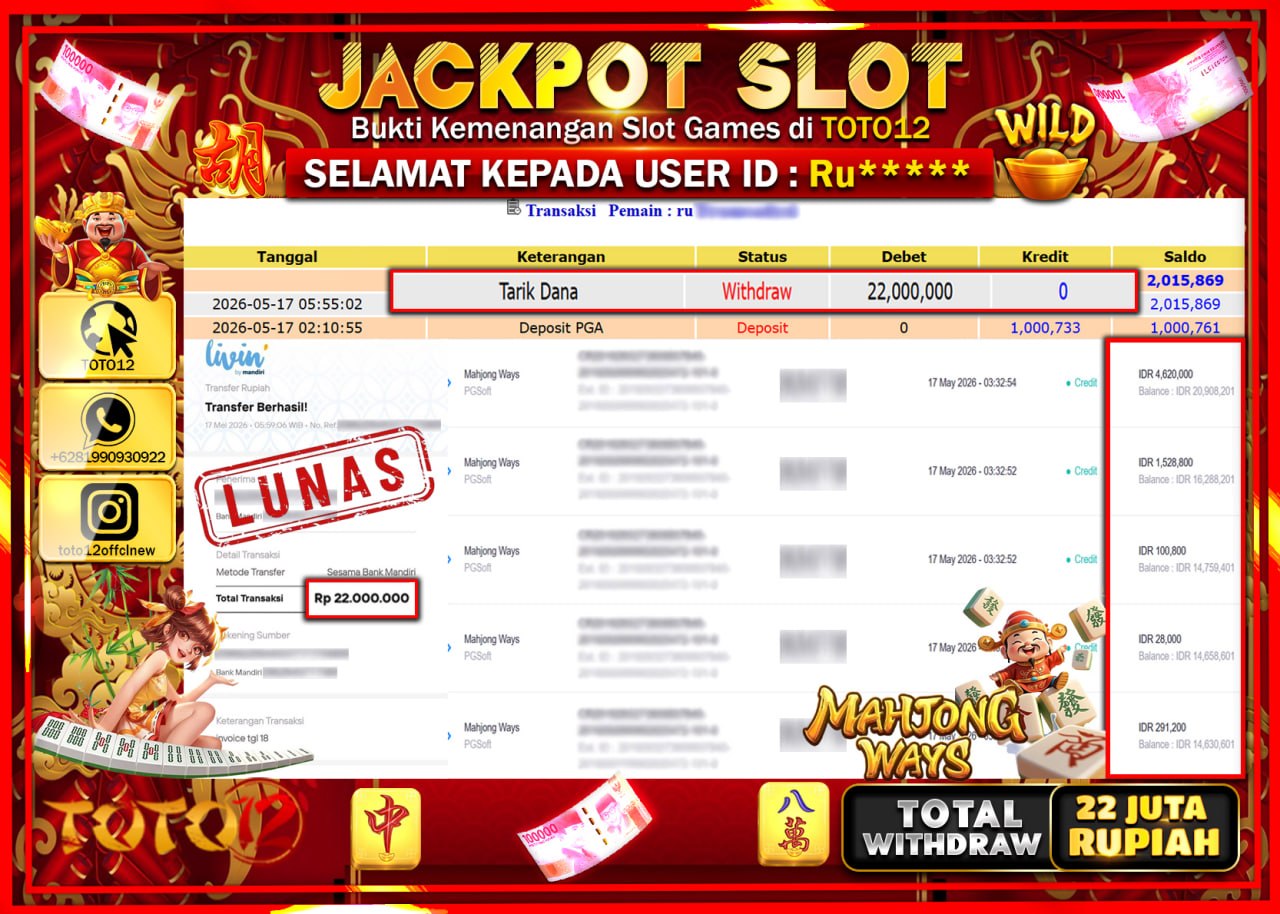 HANYA DI TOTO12 JP PASTI DI BAYAR LUNAS DAN CEPAT!!!!!! JACKPOT SLOT GAME (MAHJONG WAYS) Rp22.000.000!!!!
