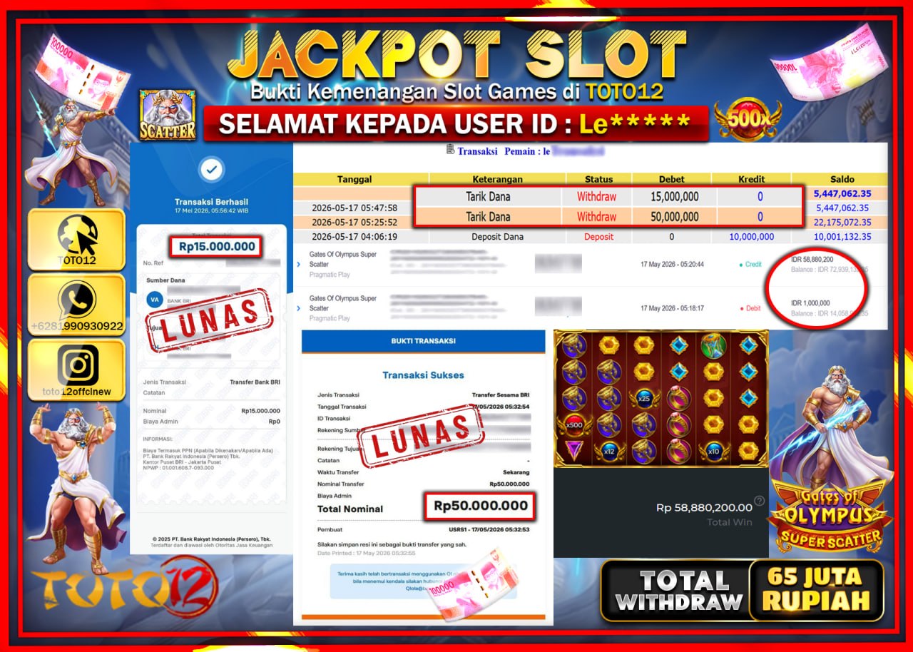 HANYA DI TOTO12 JP PASTI DI BAYAR LUNAS DAN CEPAT!!!!!! JACKPOT SLOT GAME (GATES OF OLYMPUS SUPER SCATTER) Rp65.000.000!!!!