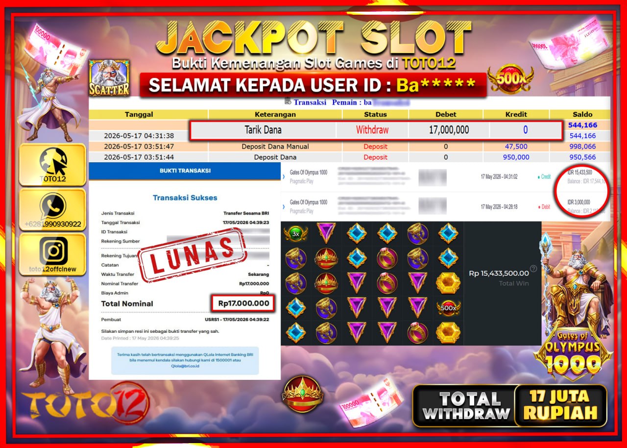 HANYA DI TOTO12 JP PASTI DI BAYAR LUNAS DAN CEPAT!!!!!! JACKPOT SLOT GAME (GATES OF OLYMPUS 1000) Rp17.000.000!!!!