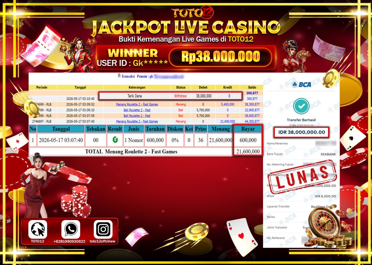 HANYA DI TOTO12 JP PASTI DI BAYAR LUNAS DAN CEPAT!!!!!! JACKPOT  LIVE GAME CASINO (ROULETTE 2) Rp38.000.000!!!!