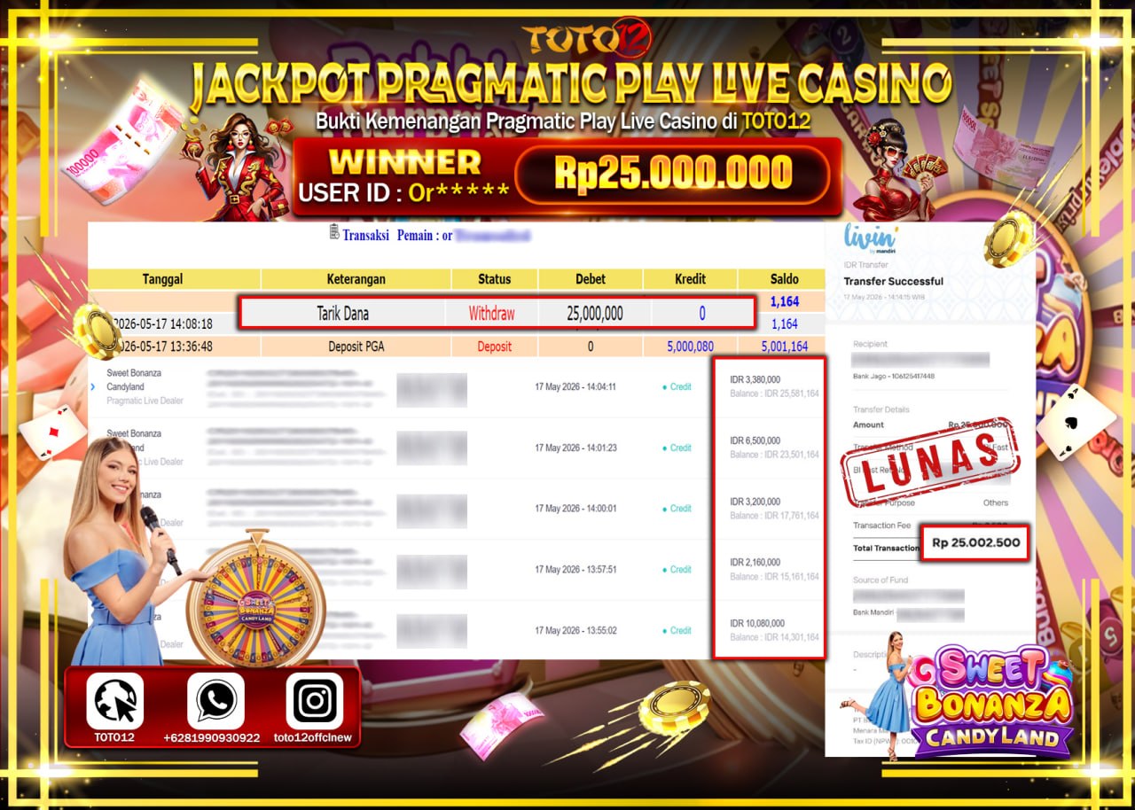 HANYA DI TOTO12 JP PASTI DI BAYAR LUNAS DAN CEPAT!!!!!! JACKPOT PRAGMATIC PLAY LIVE GAME CASINO (SWEET BONANZA CANDY LAND) Rp25.000.000!!!!