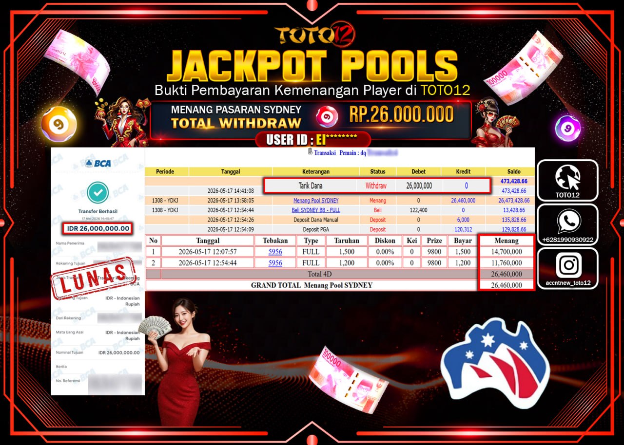 HANYA DI TOTO12 JP PASTI DI BAYAR LUNAS DAN CEPAT!!!!!! JACKPOT POOLS PASARAN (SYDNEY) Rp26.000.000!!!!